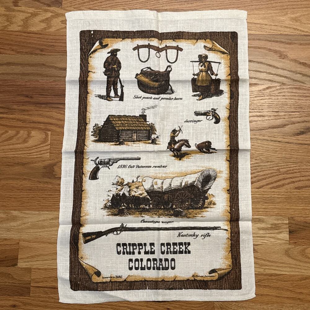 Vintage Kaydee prints Cripple Creek Colorado Tea Towel Souvenir Tapestry 24”